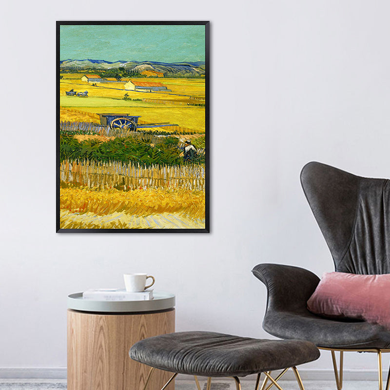 Poetic Wheat Field Painting for Home Van Gogh Artwork Wrapped Canvas in Green, Textured