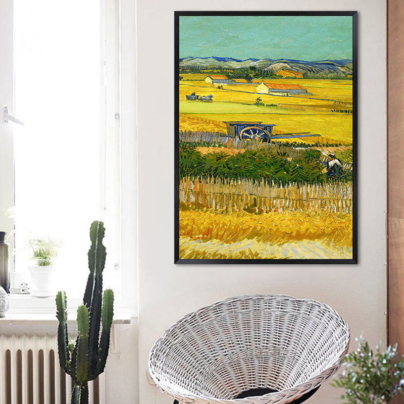 Poetic Wheat Field Painting for Home Van Gogh Artwork Wrapped Canvas in Green, Textured