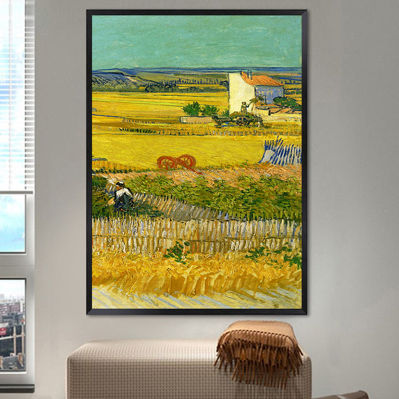Poetic Wheat Field Painting for Home Van Gogh Artwork Wrapped Canvas in Green, Textured
