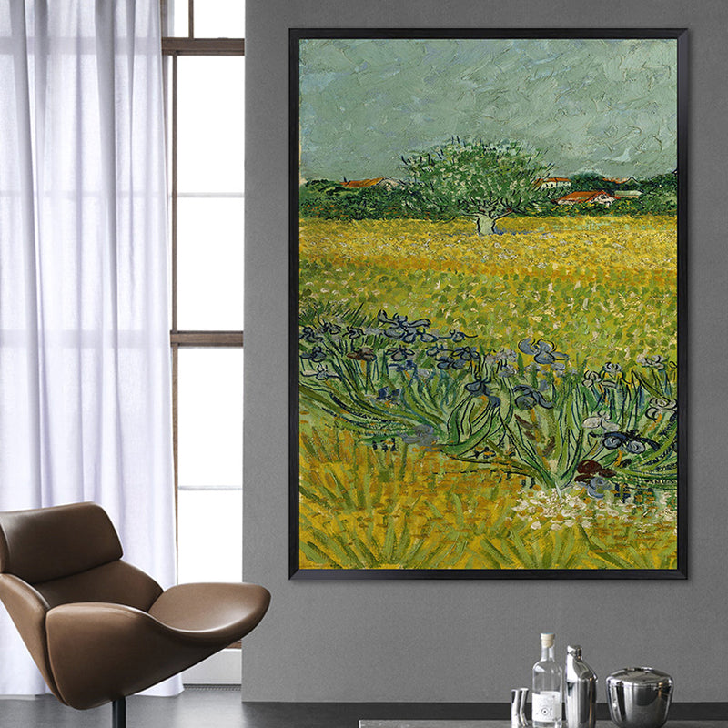Poetic Wheat Field Painting for Home Van Gogh Artwork Wrapped Canvas in Green, Textured