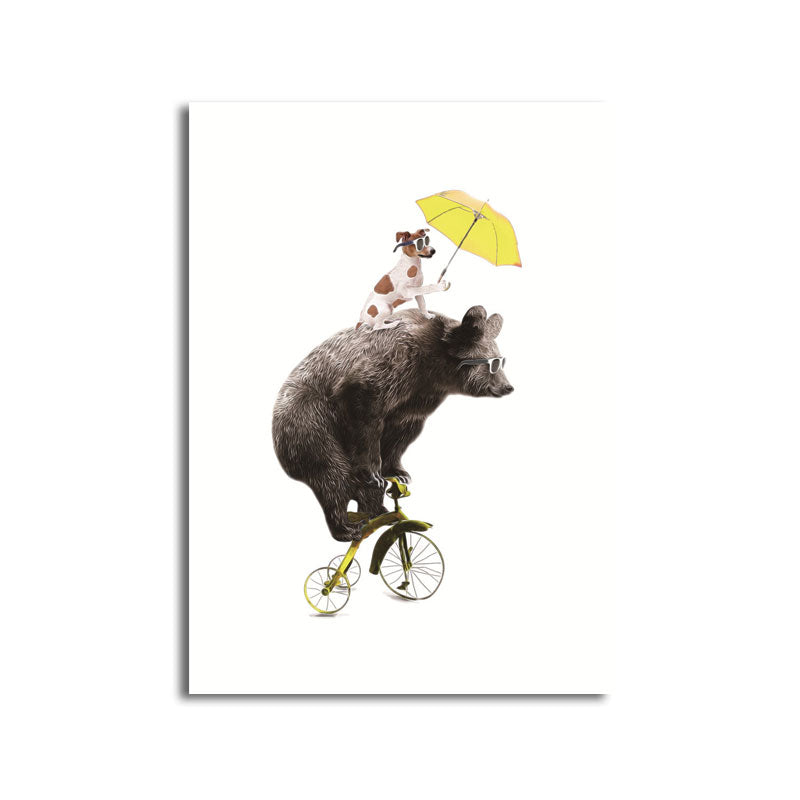 Contemporary Dog and Bear Wall Art Brown Decorative Wrapped Canvas for Living Room