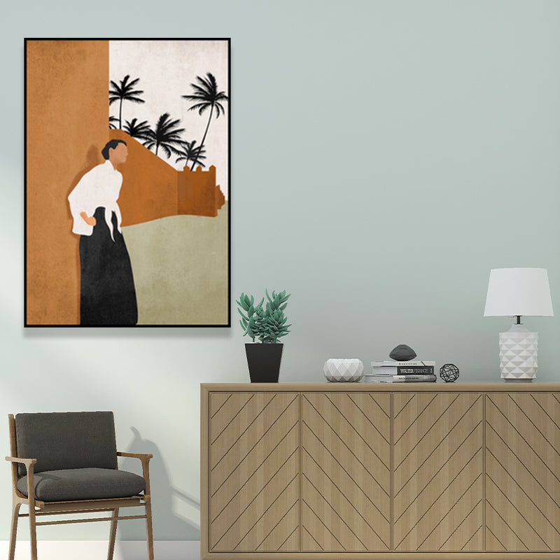 Canvas Textured Wall Art Decor Tropical Man Again the Wall and Coconut Tree Painting