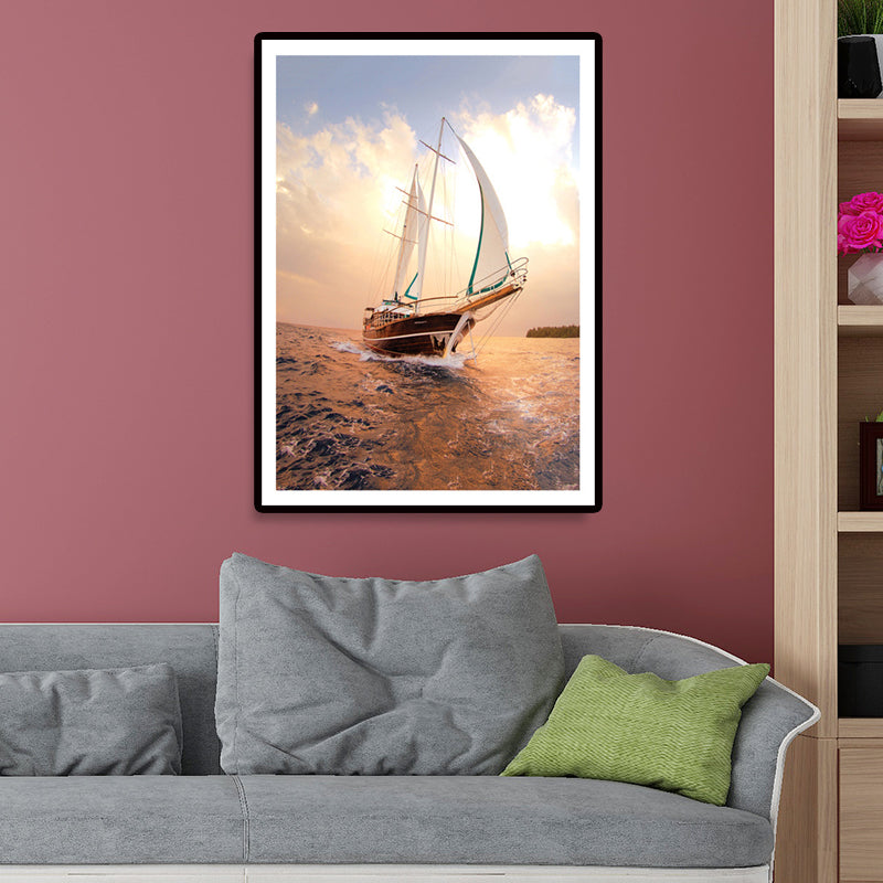 Sailing Vessel Wall Art Tropical Stunning Seascape Canvas Print in Gold for Bedroom