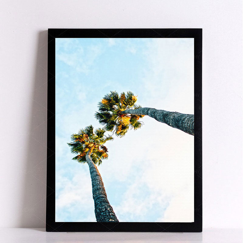 Palm Tree Looking-Up Canvas Print Tropical Textured Wall Art in Blue for Home