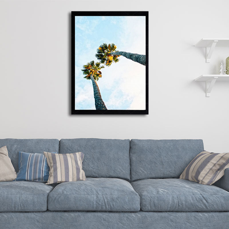 Palm Tree Looking-Up Canvas Print Tropical Textured Wall Art in Blue for Home