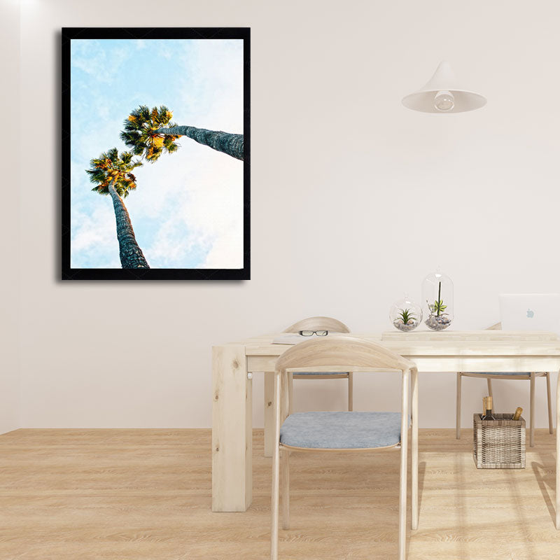 Palm Tree Looking-Up Canvas Print Tropical Textured Wall Art in Blue for Home
