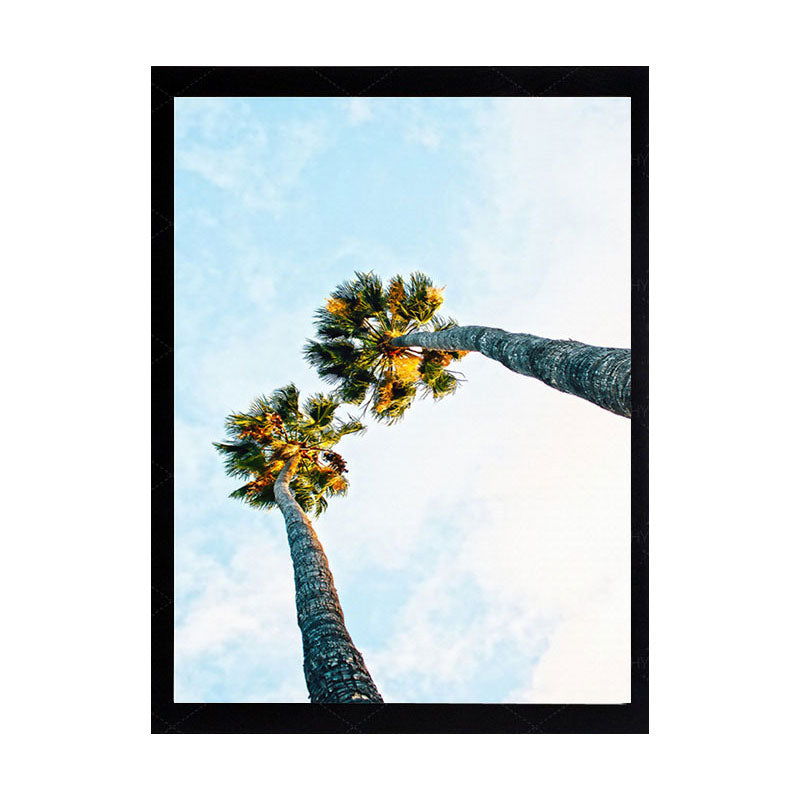 Palm Tree Looking-Up Canvas Print Tropical Textured Wall Art in Blue for Home