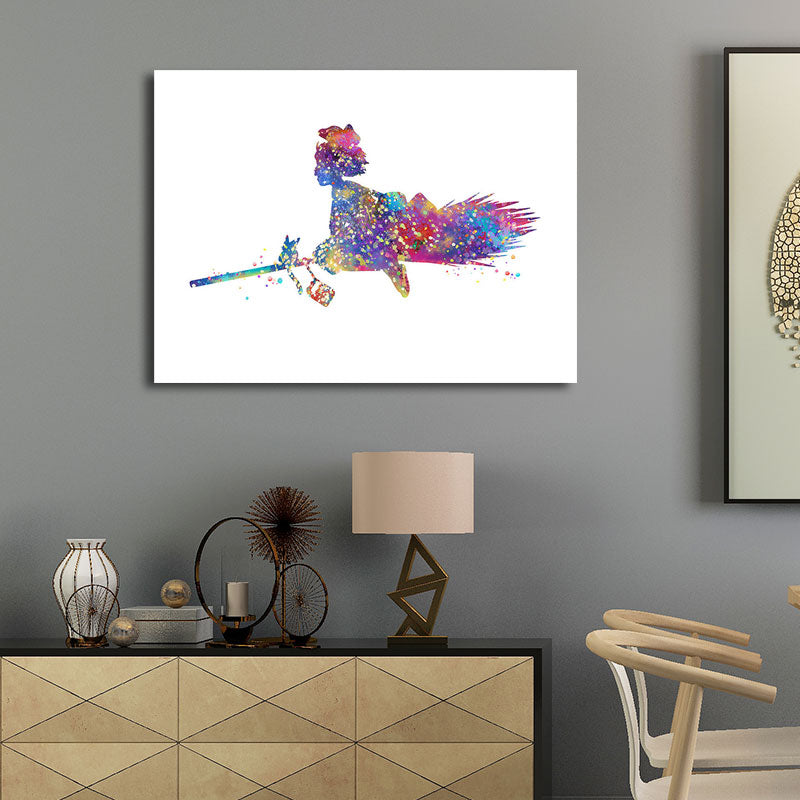Purple Witch and Mop Canvas Textured Surface Cartoon Sitting Room Wall Art