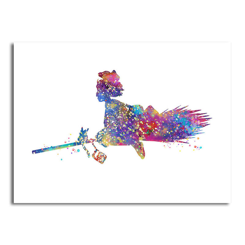 Purple Witch and Mop Canvas Textured Surface Cartoon Sitting Room Wall Art
