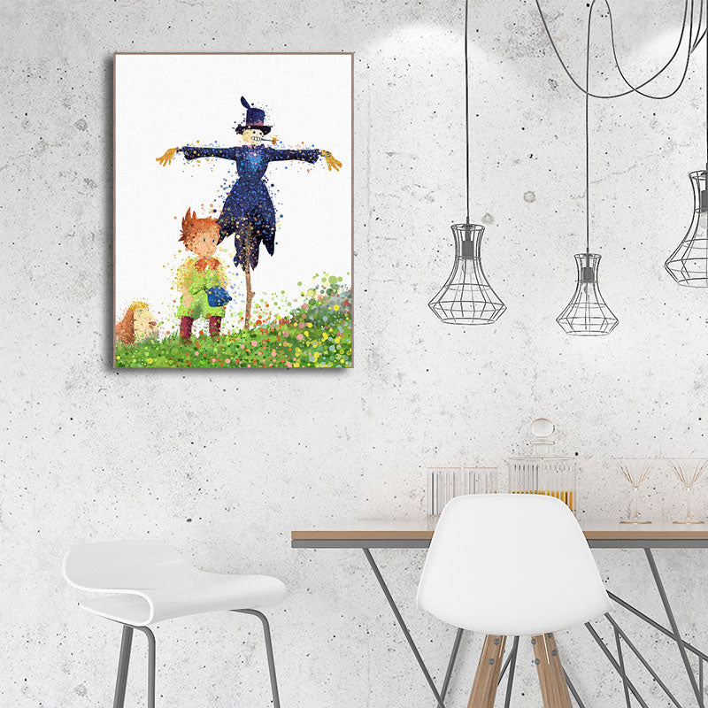 Boy and Strawman Wall Decor Childrens Art Textured Kids Bedroom Canvas Print in Green