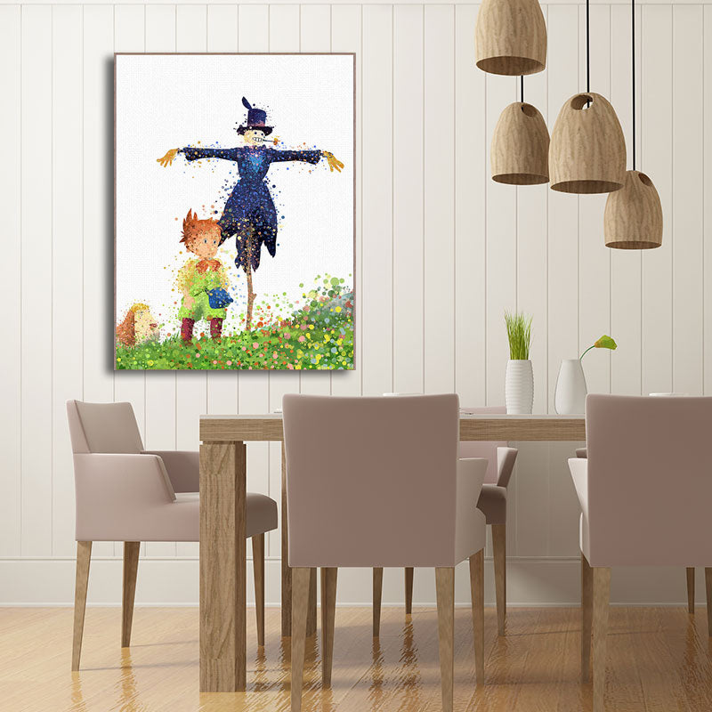 Boy and Strawman Wall Decor Childrens Art Textured Kids Bedroom Canvas Print in Green