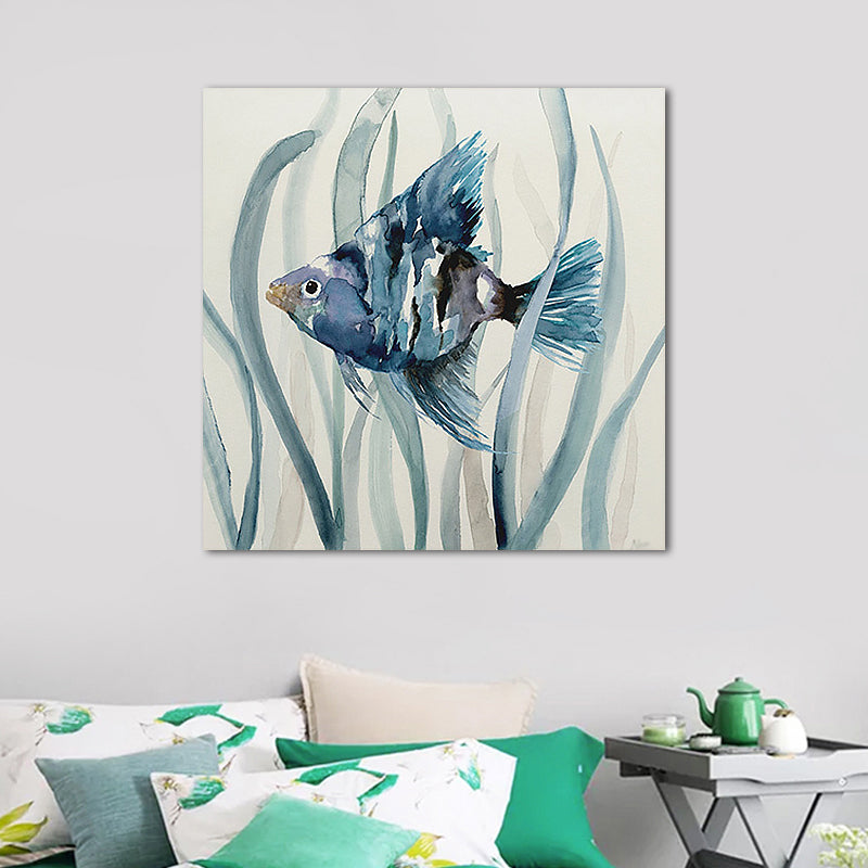 Tropical Fish Wall Art Print Canvas Textured Surface Blue Wall Decor for Kids Room