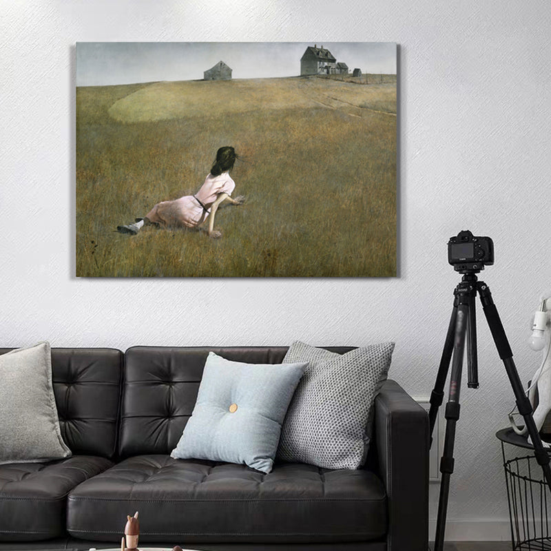 Woman on the Meadow Art Print Farmhouse Canvas Painting in Green for Living Room
