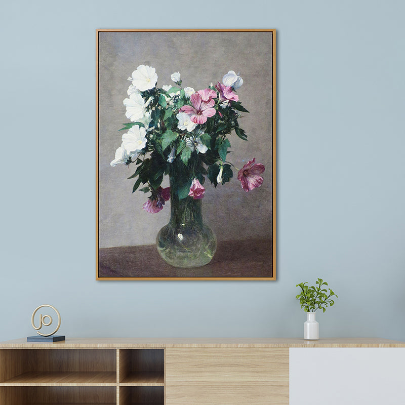 Still Life Blossom Vase Painting Traditional Canvas Wall Art Decor in Green on Grey