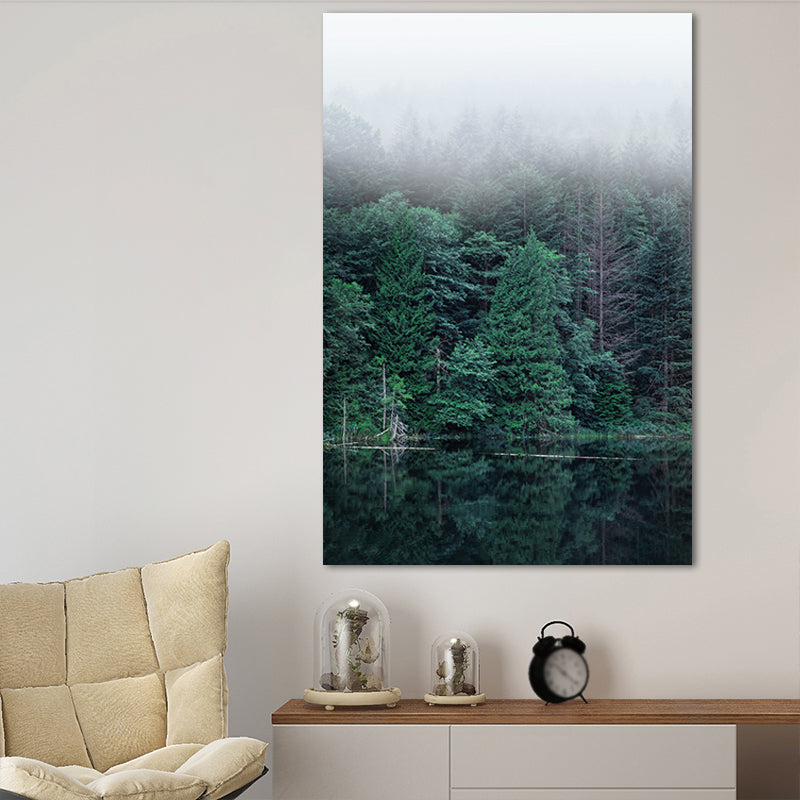 Green Riverside Forest Wall Art Decor Textured Modern Style Living Room Canvas Print