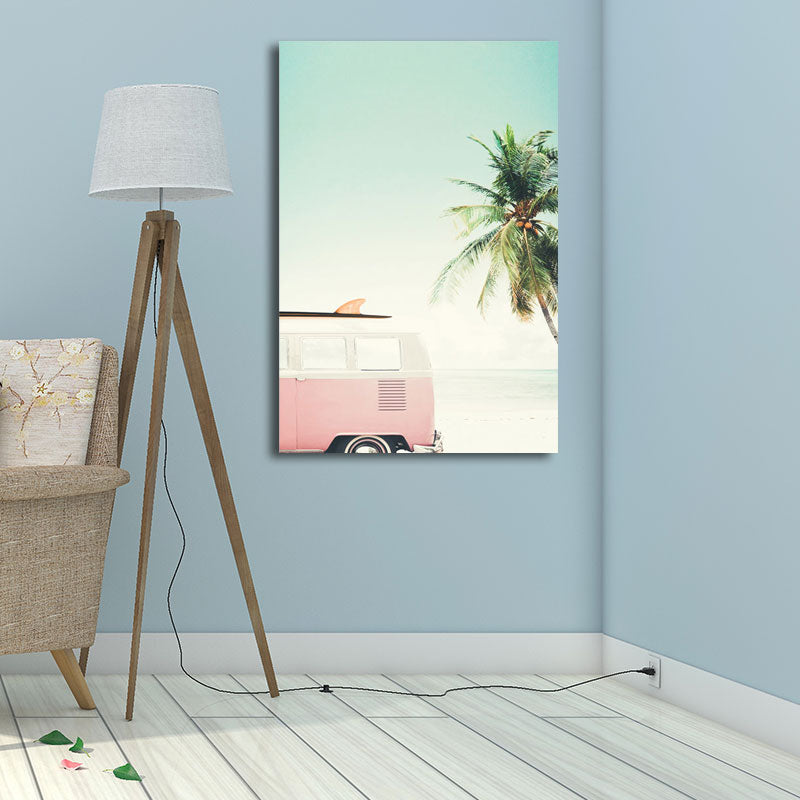 Bus and Coconut Tree Canvas Tropical Textured Wall Art Print in Green and Pink for Room