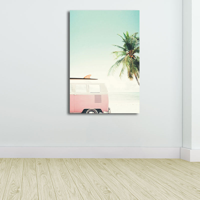 Bus and Coconut Tree Canvas Tropical Textured Wall Art Print in Green and Pink for Room