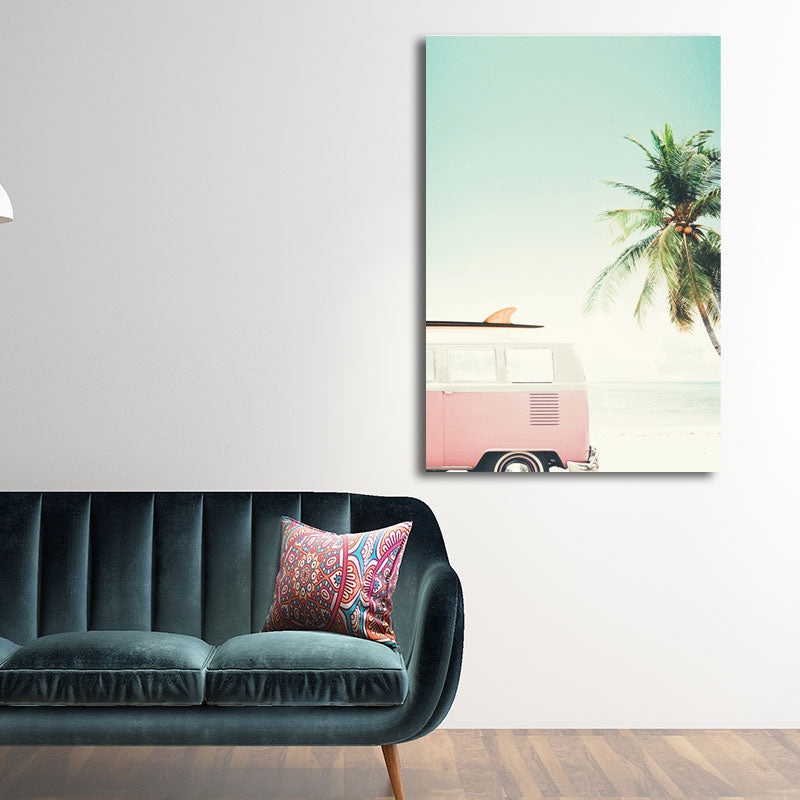 Bus and Coconut Tree Canvas Tropical Textured Wall Art Print in Green and Pink for Room