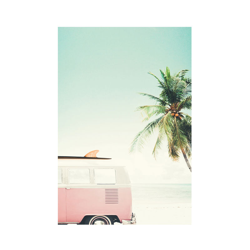 Bus and Coconut Tree Canvas Tropical Textured Wall Art Print in Green and Pink for Room