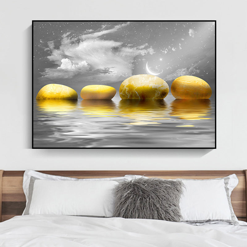 Big Pebbles Wall Art Print Glam Magical Night Seascape Canvas in Gold for Bedroom