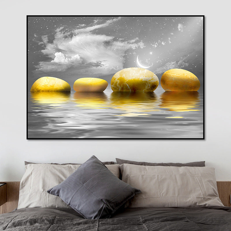 Big Pebbles Wall Art Print Glam Magical Night Seascape Canvas in Gold for Bedroom