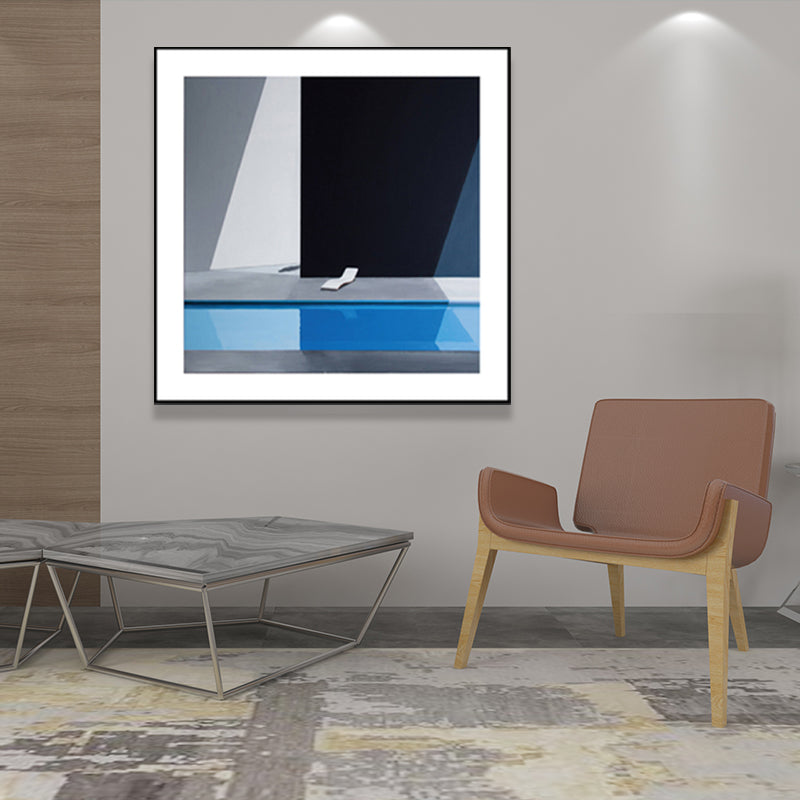 Nordischer Leinwanddruck, dunkle Farbe, Ecke eines Gebäudes und Stuhl, Wandkunst, Dekor für Schlafzimmer