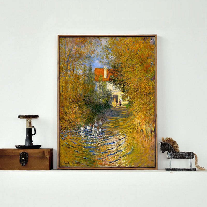 Geese in the Creek Art Print Textured Rustic House Interior Canvas in Yellow-Orange