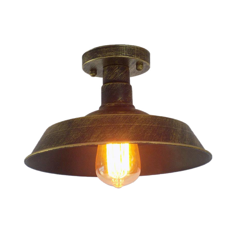 Farmhouse Barn Shade Semi-Flush Mount 1 Head Wrought Iron Ceiling Light Fixture in Aged Silver/Weathered Copper