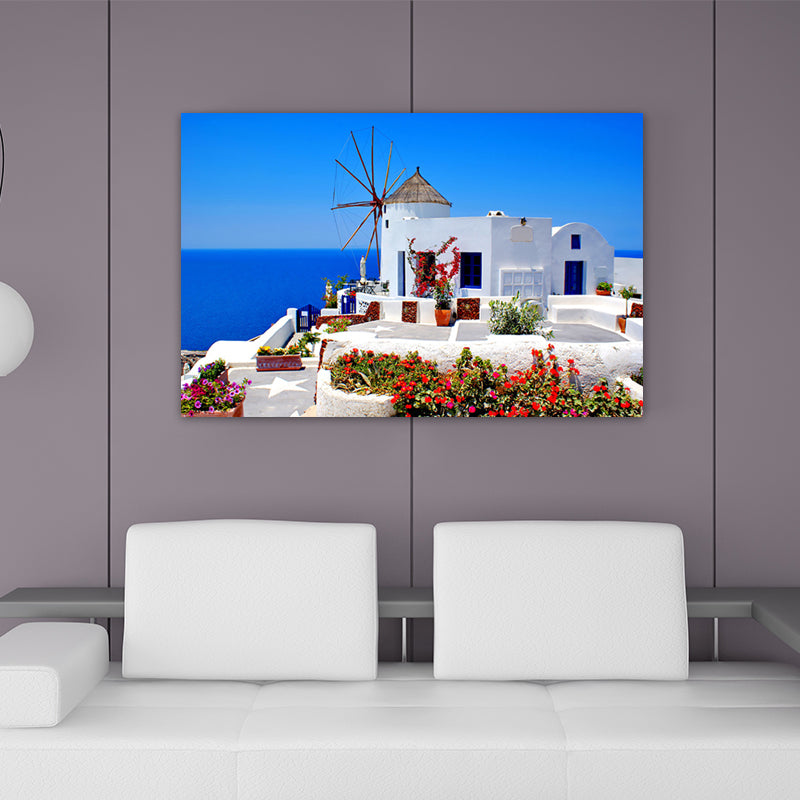 Aegean Sea Houses Wall Art Modern Style Textured Sitting Room Canvas Print in Blue