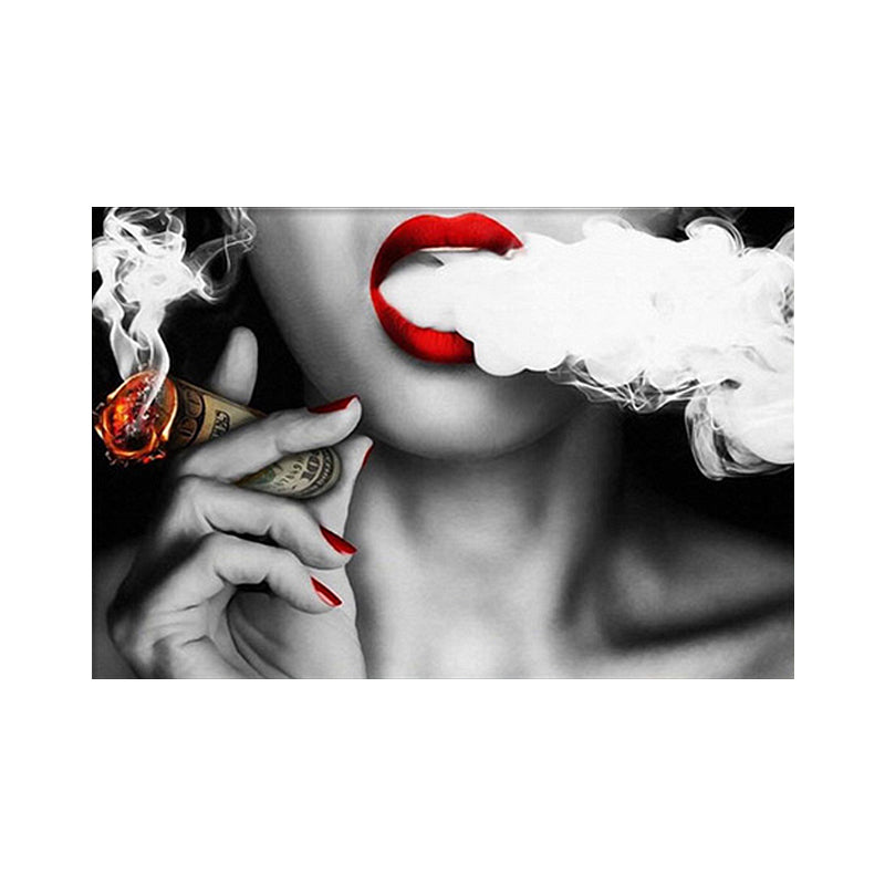 Photography Woman Smoking Canvas Wall Art for Girls Bedroom, Red and Grey, Textured