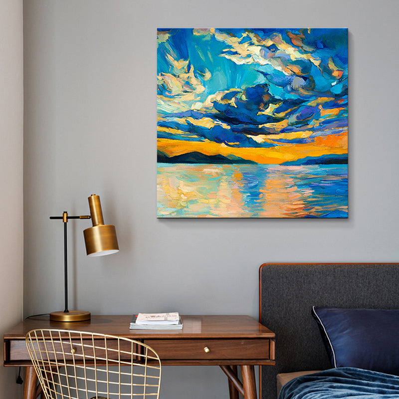 Blue Scenery Canvas Wall Art Modern Stunning River and Sunset Glow Painting in Blue