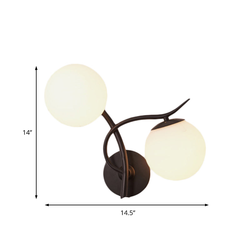 Modern Globe Wall Lighting Fixture 2 Bulbs Milky Glass Sconce Light in Black