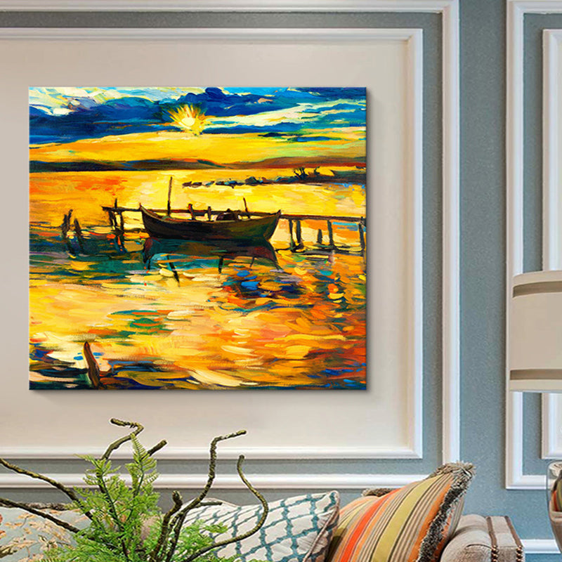 Boat and Sunset Seascape Painting Canvas Print Orange Tropix Wall Art for Family Room