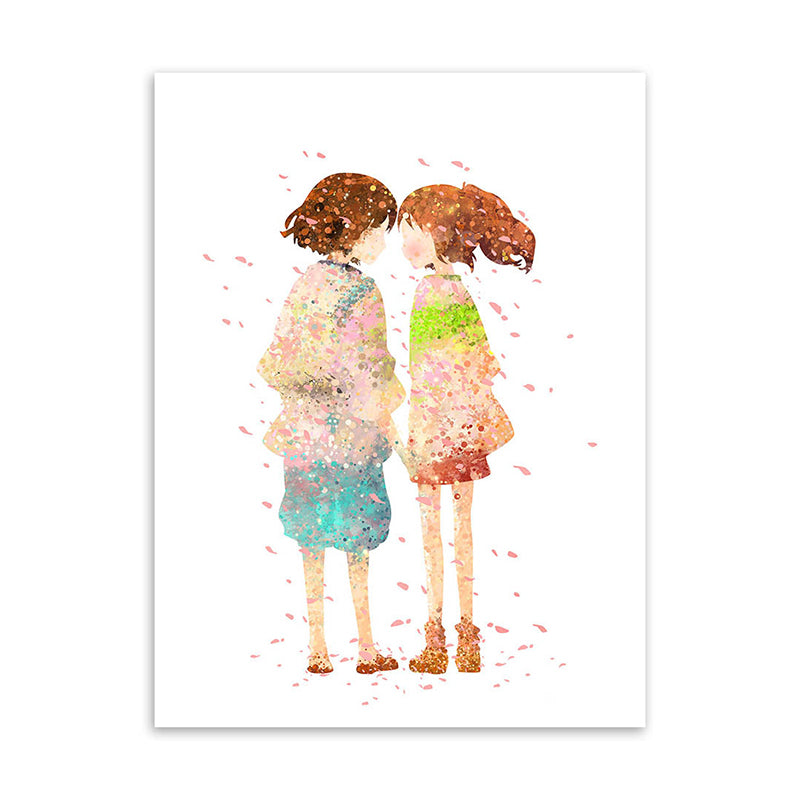 Puppy Love Painting Art Print Textured Cartoon Girls Bedroom Wall Decor in Orange