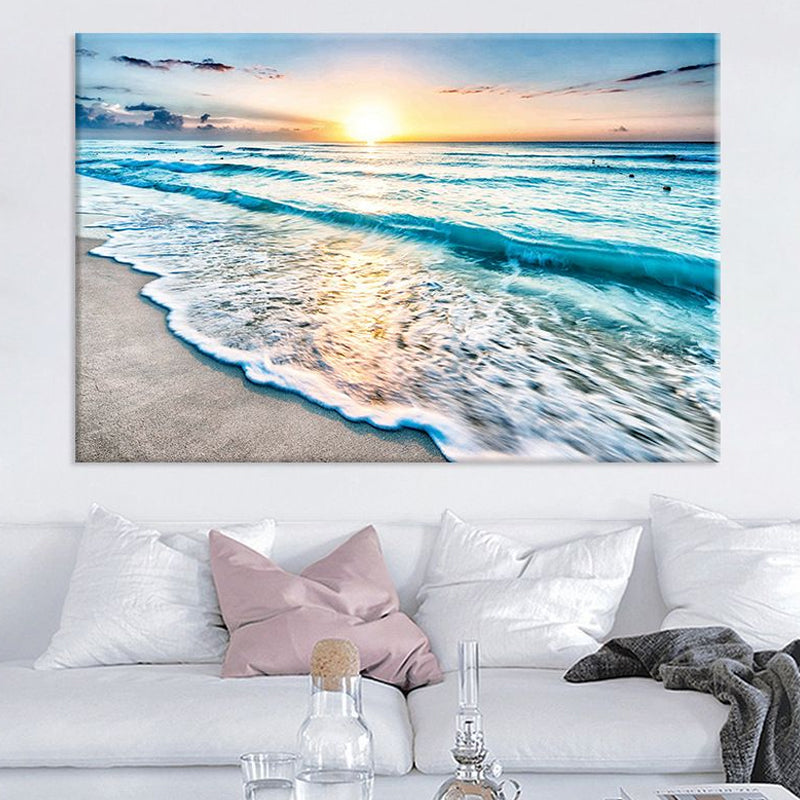 Sunset Beach Wave Scene Art Print in Blue Canvas Wall Decoration, Textured Surface