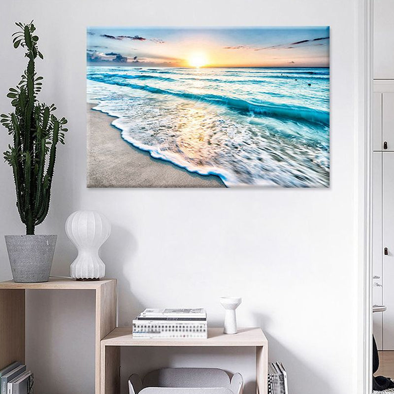 Sunset Beach Wave Scene Art Print in Blue Canvas Wall Decoration, Textured Surface