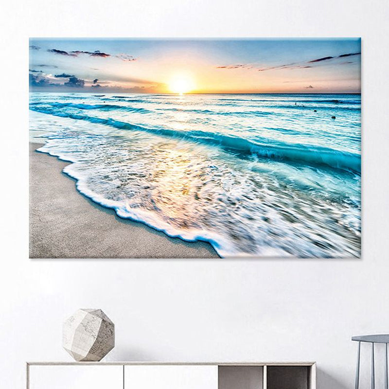 Sunset Beach Wave Scene Art Print in Blue Canvas Wall Decoration, Textured Surface