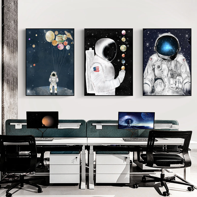 Science Fiction Canvas Print Childrens Art Cool Astronaut Wall Decor in Dark Color