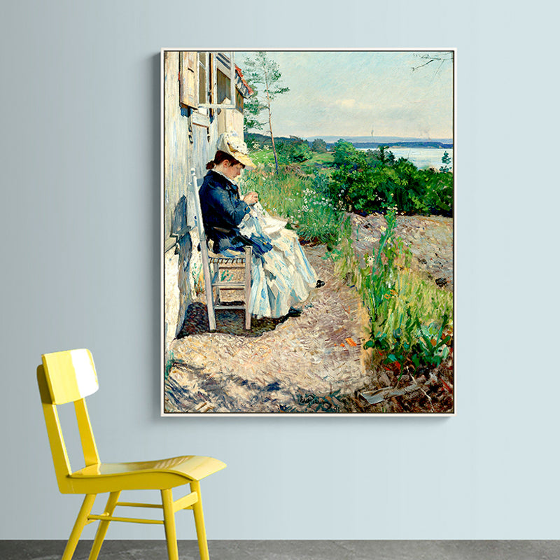 Woman Sewing in Courtyard Canvas Wall Art Green Farmhouse Painting for Living Room