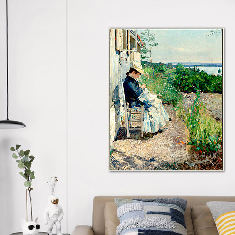 Woman Sewing in Courtyard Canvas Wall Art Green Farmhouse Painting for Living Room
