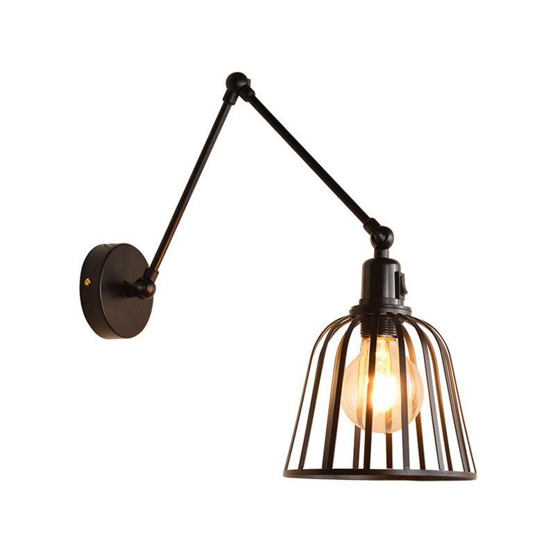 Swing Arm Metallic Wall Mount Light with Wire Cage Industrial 1 Light Bedroom Wall Lamp in Black