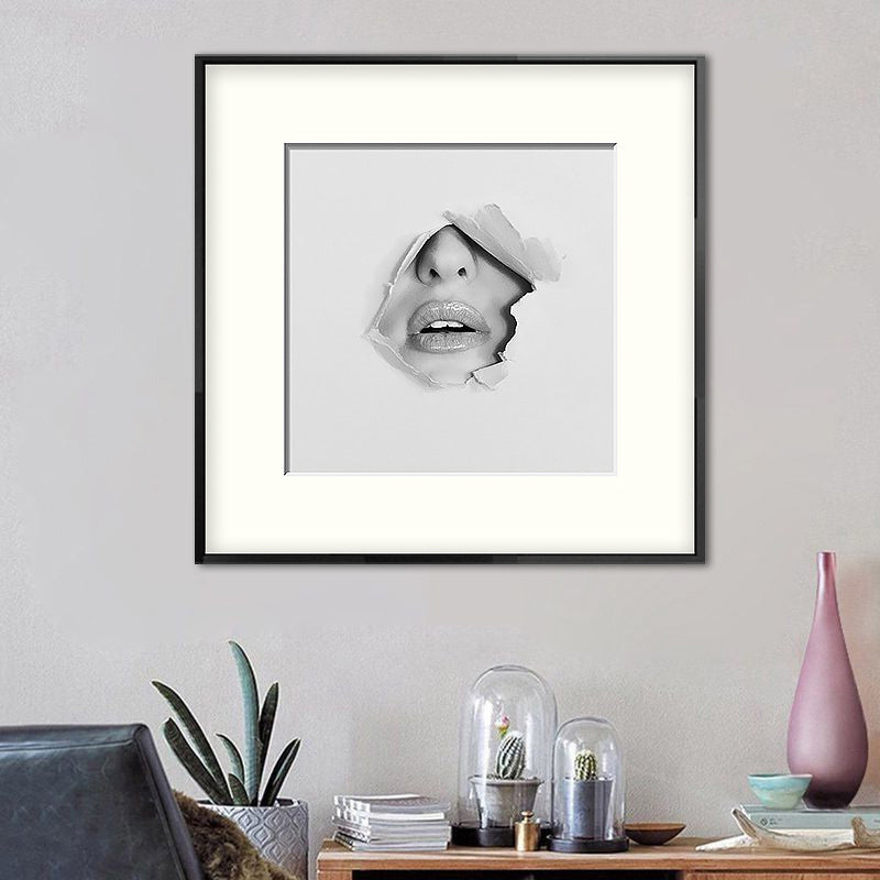 Mouth and Nose Wall Art Decorative Modernism for Bedroom Square Canvas Print in Grey