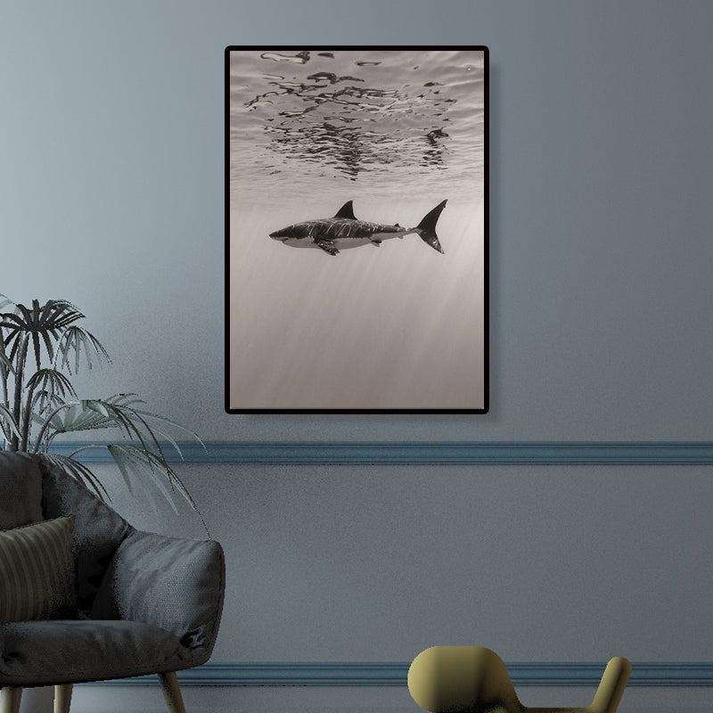 Grey Shark Wall Art Decor Underwater World Modern Textured Canvas Print for Dining Room