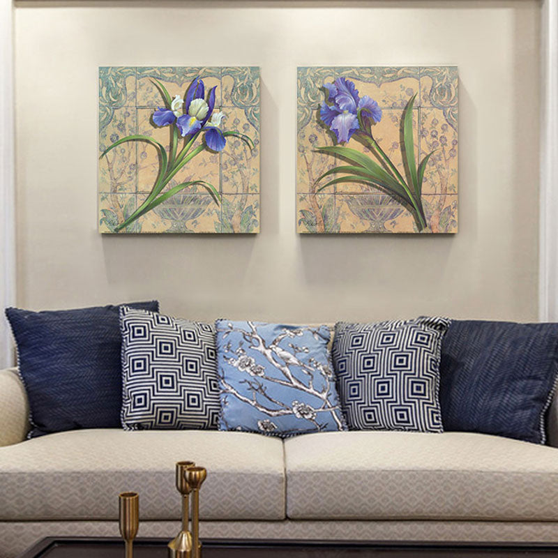 Purple Iris Painting Flower Traditional Textured Canvas Wall Art for Home, Set of 2
