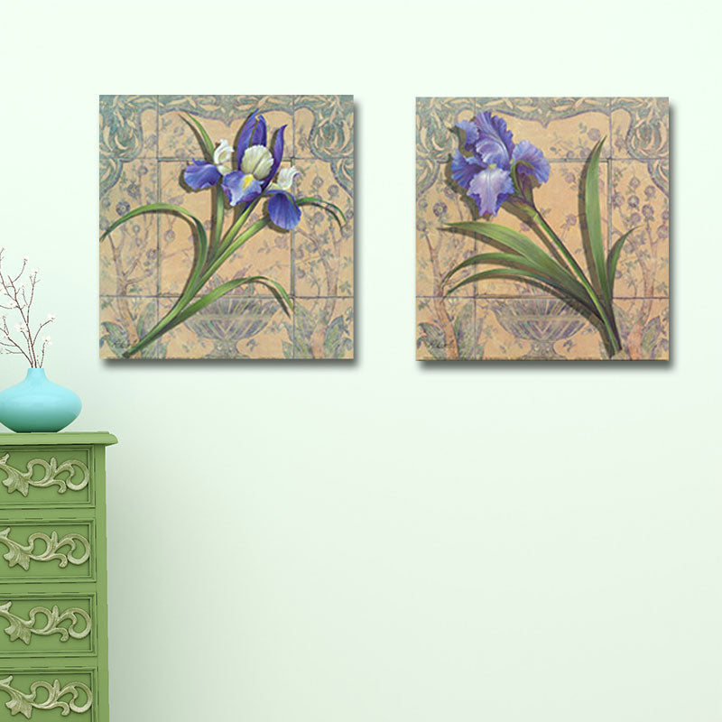 Purple Iris Painting Flower Traditional Textured Canvas Wall Art for Home, Set of 2