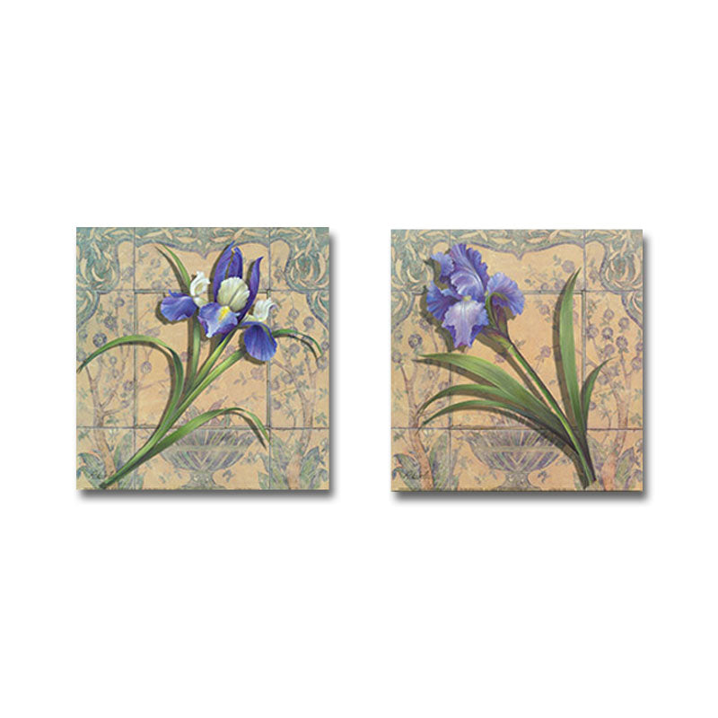 Purple Iris Painting Flower Traditional Textured Canvas Wall Art for Home, Set of 2