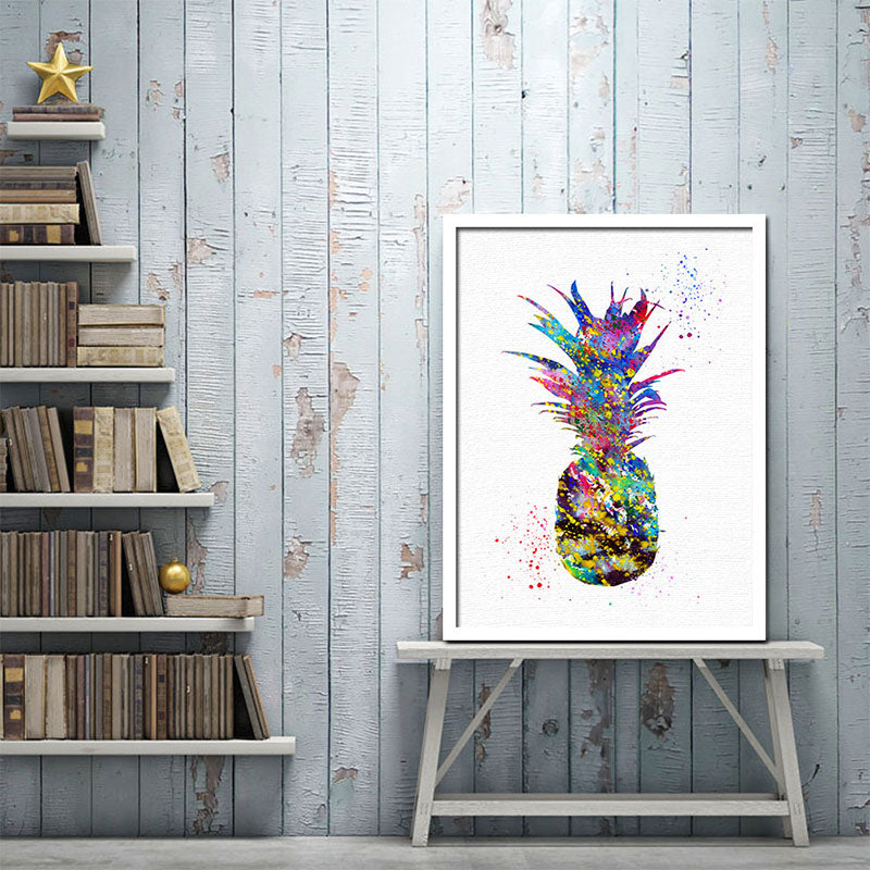 Tropical Pineapple Watercolor Canvas Blue Textured Wall Art Print for Living Room