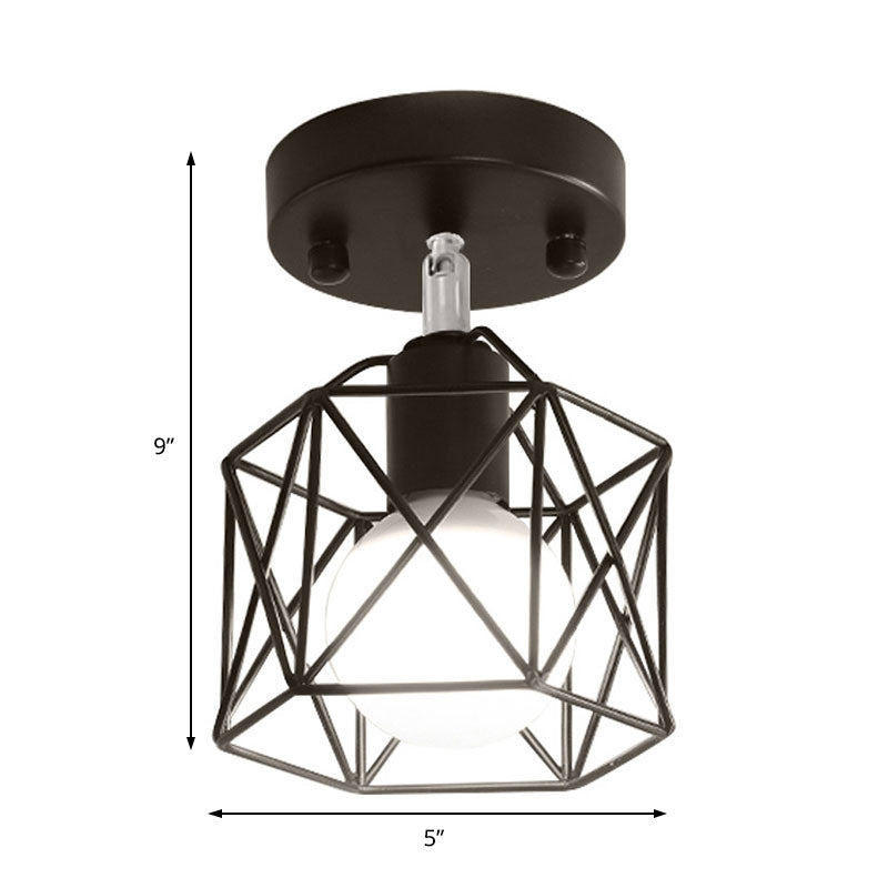 1 Light Hexagon Semi Flush Light with Wire Guard Industrial Loft Black Iron Ceiling Mounted Fixture for Kitchen
