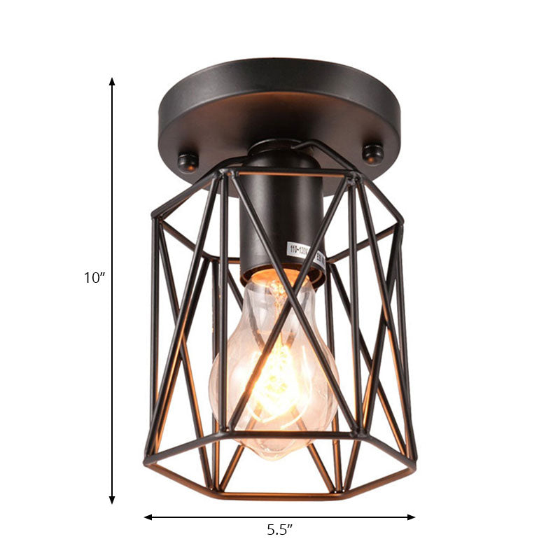 1 Head Wire Cage Semi Flush Light Vintage Style Black Metallic Ceiling Mounted Fixture for Kitchen