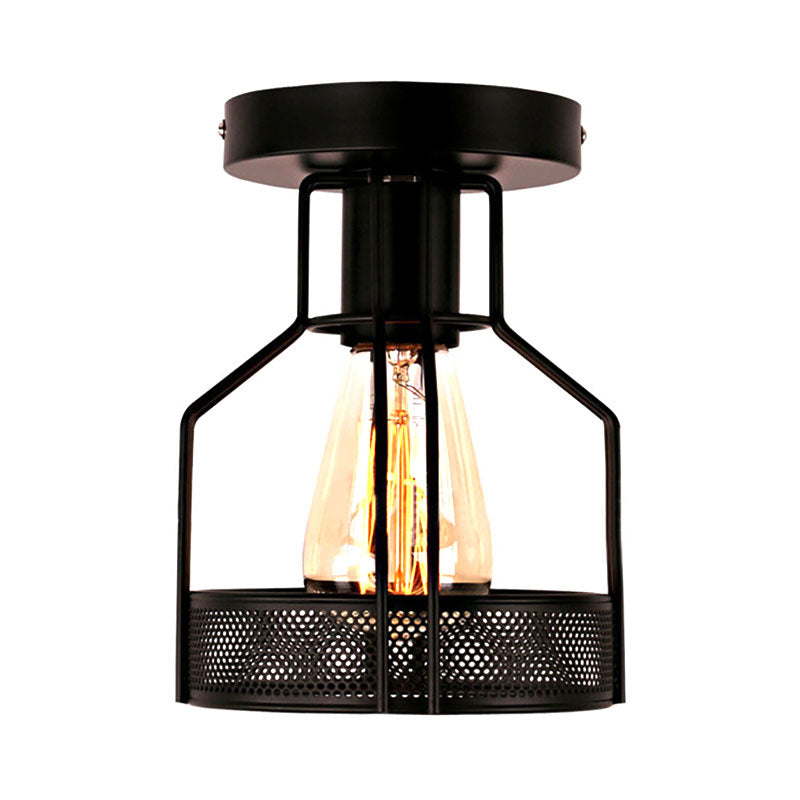 1 Head Cage Semi Flush Mount Light with Mesh Screen Industrial Loft Black Metal Ceiling Lighting for Dining Room